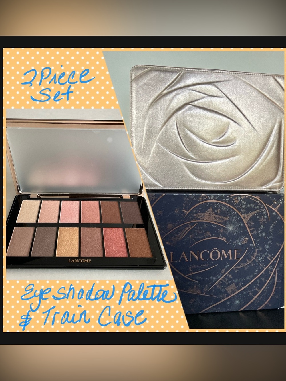 Lancôme Metallic Rose Gold Holiday Cosmetic Train Case & Eye Shadow Palette NEW